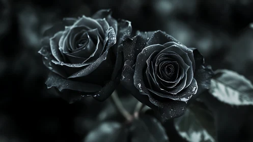 Moonlit ink roses trade whispers in a storm of silver dew