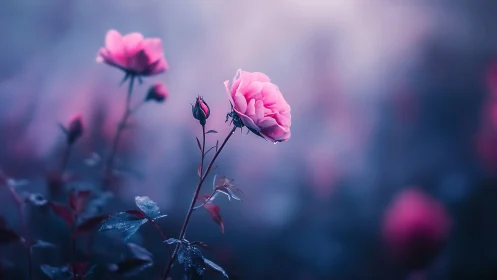 Moonlit rose duet in dreamy cobalt twilight garden.