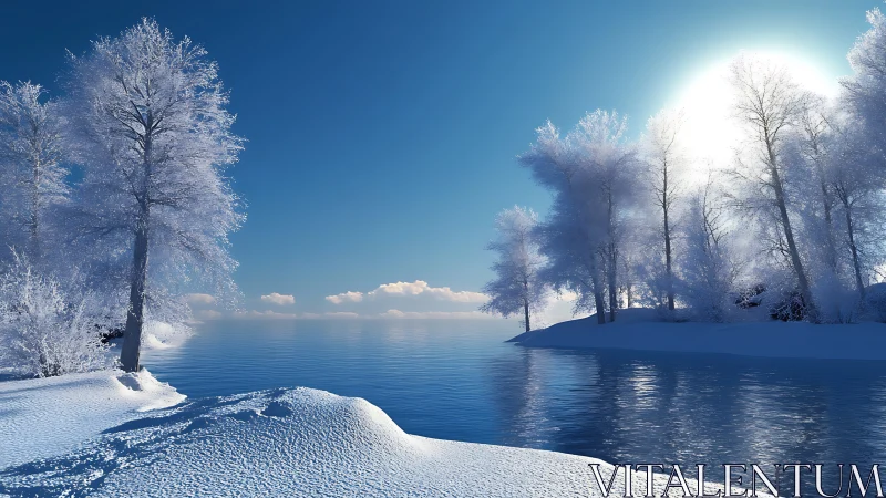 Winter shoreline with frost covered trees at calm lake.