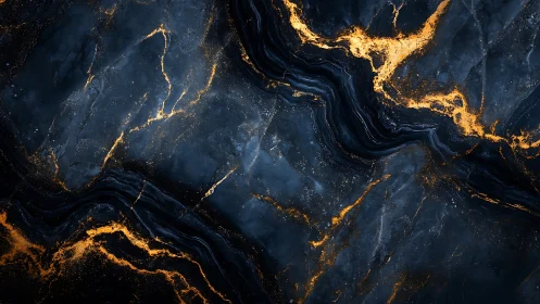 Luminous gold veins flow through deep midnight marble texture