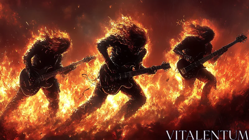 Three Flaming Musicians Playing Guitars in Inferno
