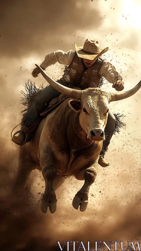 Rodeo cowboy rides bucking bull through swirling dust.