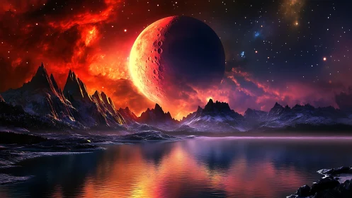 Crimson nebula sky backlights cratered planet above icy range