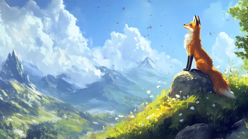 Fox sits on sunlit rock overlooking bright mountain valley