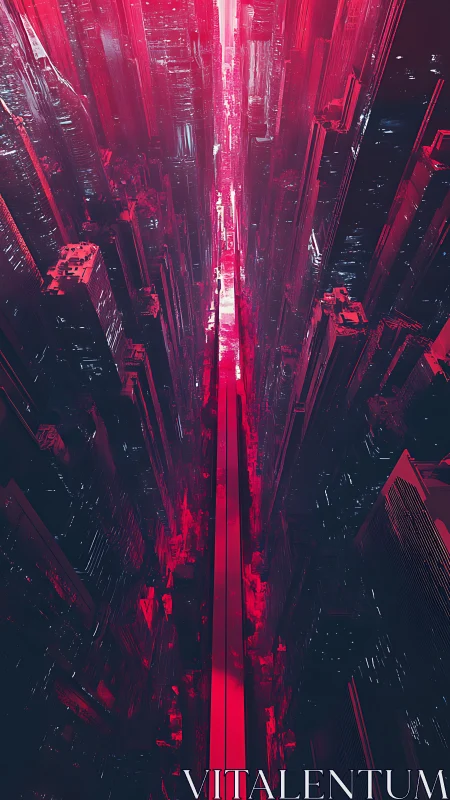 Cyberpunk vertical megacity corridor in neon red perspective.
