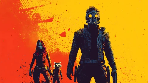 Neon-clad space trio silhouettes against high-contrast gradient backdrop