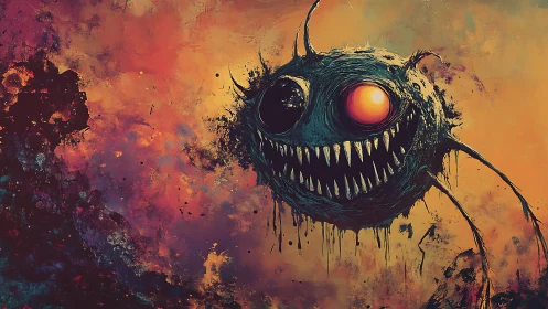 Cosmic void predator with bioluminescent eye in infernal nebula