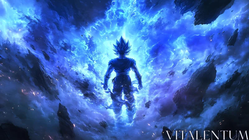 Electrifying anime hero rising through cosmic blue storm.