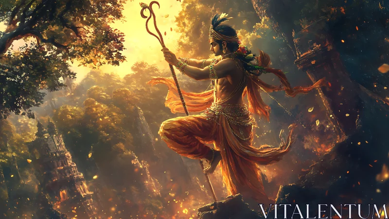 Golden warrior dances through a glowing forest temple dream.