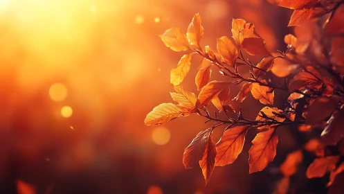 Autumn leaves glowing in warm golden backlight at sunset.