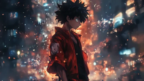 Anime street vigilante in cinematic bokeh firestorm profile.