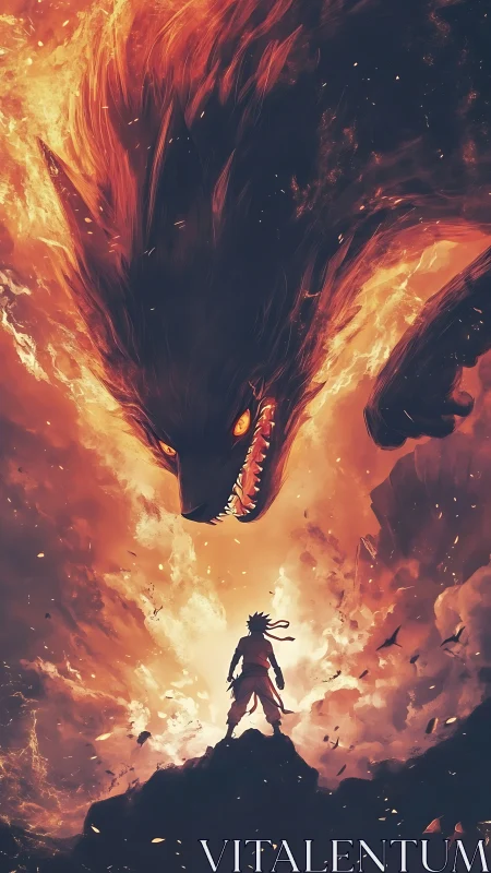 Digital painting of a lone warrior facing colossal fire beast.