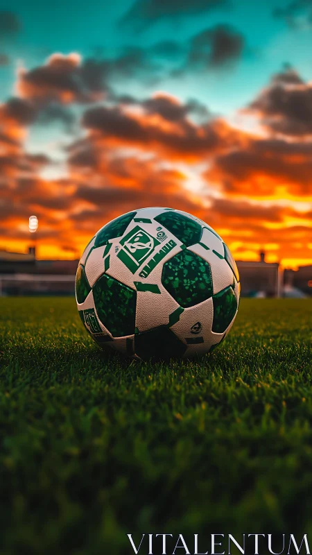 Sunset soccer ball waits on glowing field for the next game