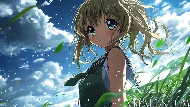 Solitary anime girl stands in windswept summer meadow