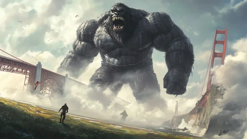 Giant armored gorilla storms bridge in foggy coastal city