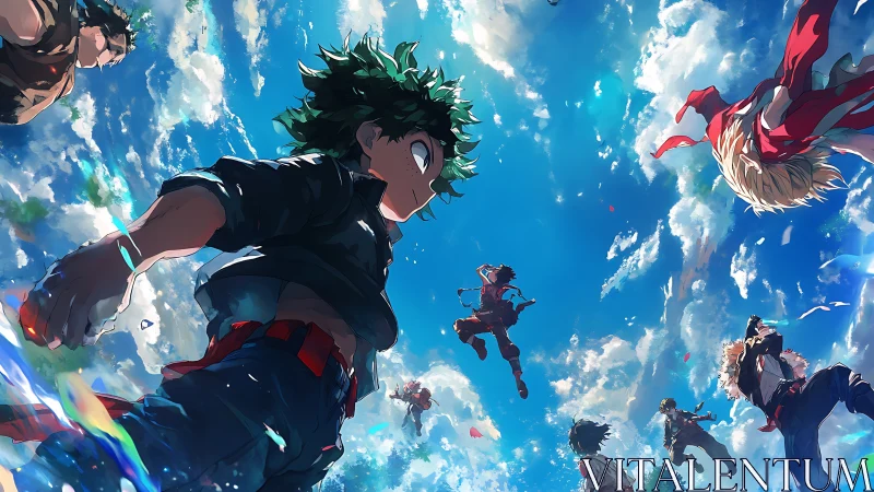 Dynamic aerial group composition under wide-angle anime sky