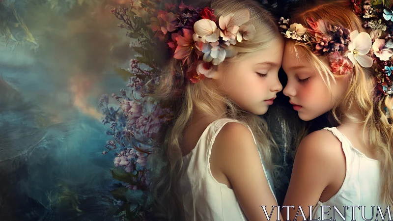 Dreamlike twin girls with floral crowns in soft light.
