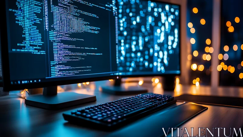 Evening coding workstation with dual bokeh-lit monitors.