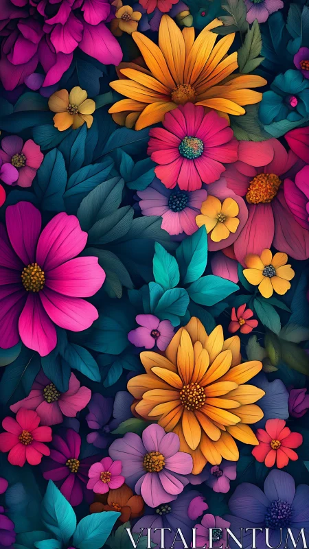 Vibrant Digital Floral Composition with Layered Blooms.