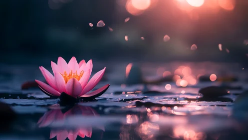 Serene pink lotus glows softly in warm sunset reflections