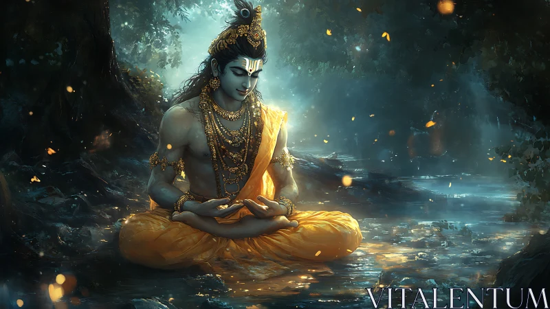 Seated figure meditates beside illuminated forest stream