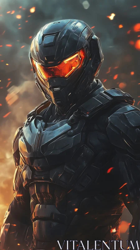 Ember-visor sentinel in stormlit exosuit armor blaze.