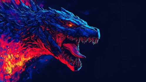 Neon kaiju profile erupts in high-contrast chromatic flame