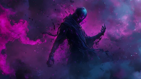Shadowy void wraith emerges through neon purple storm clouds