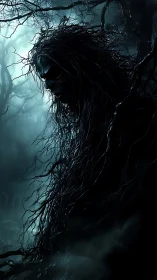 Silhouetted root-wraith entity in dense cyan fog forest