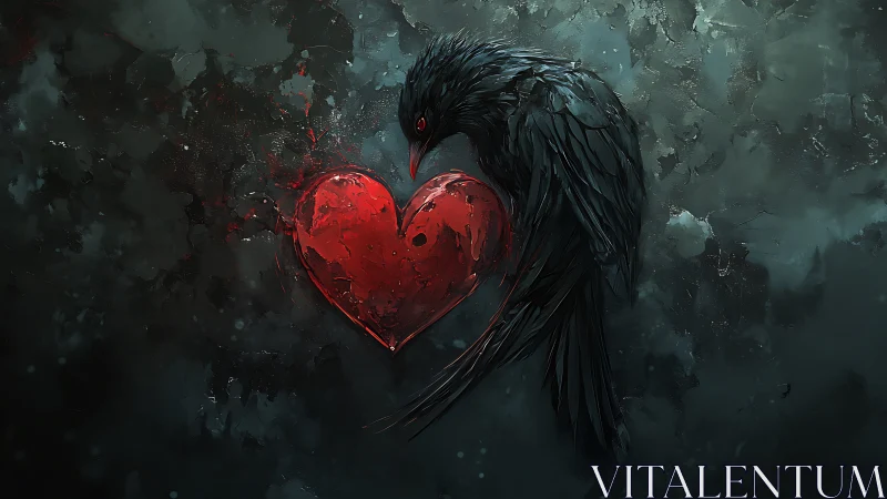 Black raven holds glowing red heart against dark textured backdrop.