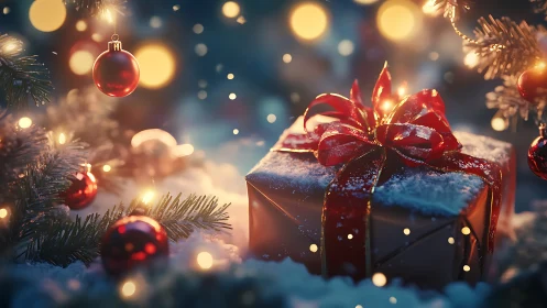 Photorealistic Christmas gift still life with bokeh lighting.