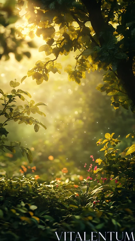 Golden Reverie: Sunlit Garden Sanctuary Bathed in Ethereal Radiance.