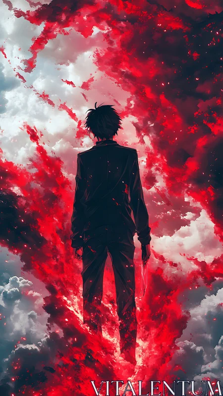 Crimson storm engulfs lone figure in turbulent clouds.