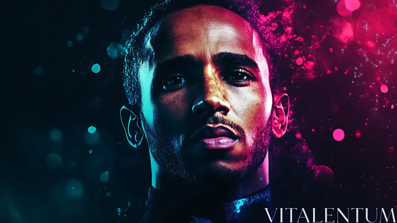 Neon-lit portrait under vibrant cyan and magenta haze.