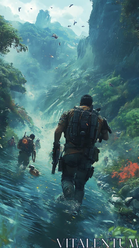 Futuristic river squad advances through misty jungle gorge.