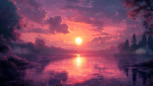 Glowing sunset settles gently over a calm reflective lake