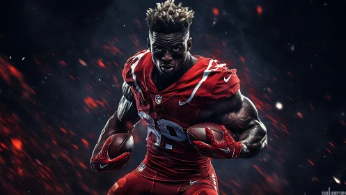 Explosive football runner in fiery red digital rendering.
