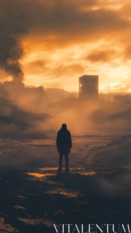 Backlit lone figure surveys a smog-drenched dystopian skyline