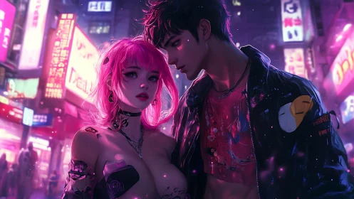 Neon cyberpunk lovers under vibrant city lights at night.