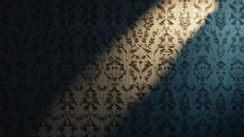 Diagonal light across textured damask wallpaper pattern.