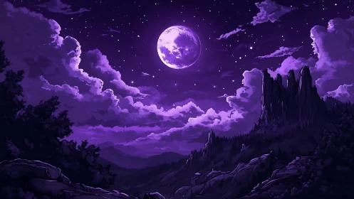Moonlight carves violet mountains into a quiet cosmic hymn