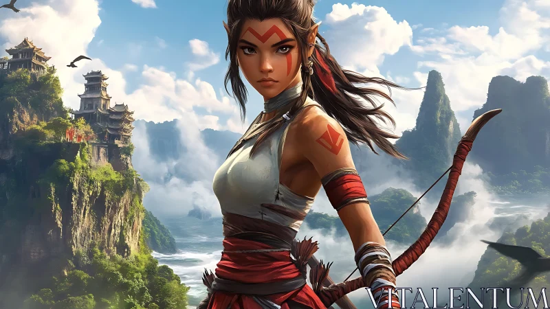 Warrior archer in misty mountain realm rendered as digital painting