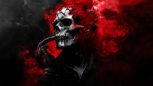 Skull-headed figure posed in dense swirling red smoke