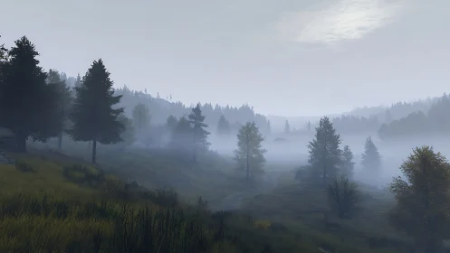 Misty Forest Valley: Ethereal Coniferous Landscape with Atmospheric Depth.