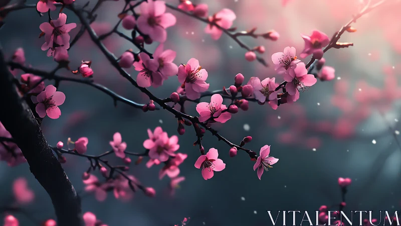 Pink blossoms bloom against misty teal backdrop. Period.