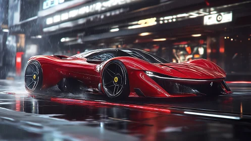Futuristic red supercar prowls a neon city street in rain