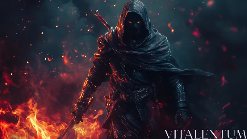 Hooded swordsman walks through rising flames in dark void