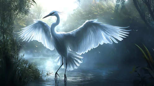 White heron spreads luminous wings over misty forest water