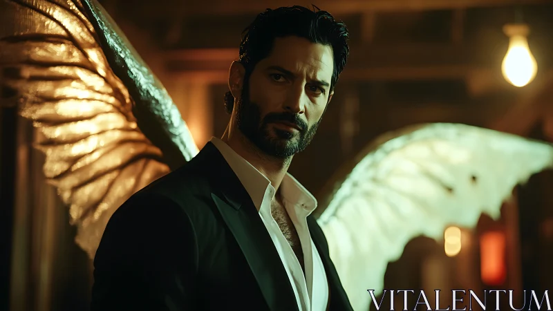 Man in formal suit stands indoors with large luminous wings