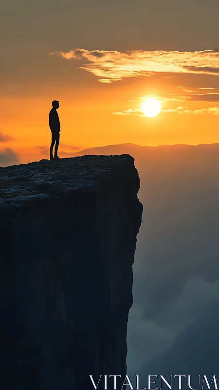 Silhouetted figure on sheer cliff edge at vivid orange sunrise